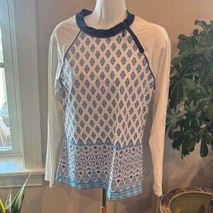 Cabana Life White and Blue Long-Sleeve Printed Raglan Top